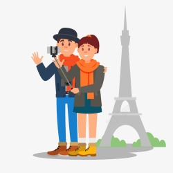 手机情侣一对在巴黎铁塔前自拍的情侣矢量图高清图片
