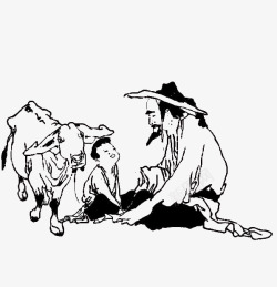 国画插图老人与放牛的小孩素材