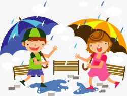 雨中打伞的卡通儿童矢量图素材