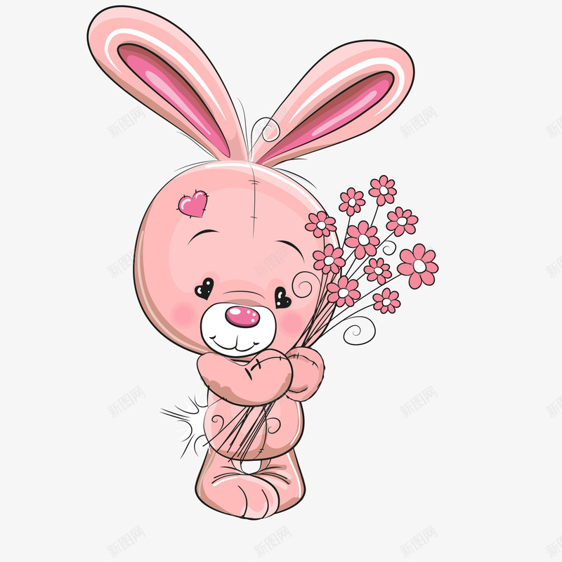 拿着鲜花的小兔子矢量图ai免抠素材_88icon https://88icon.com 动物 小兔子 情人节 手绘 粉红色 花朵 送花 矢量图