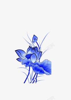 手绘蓝色荷花素材