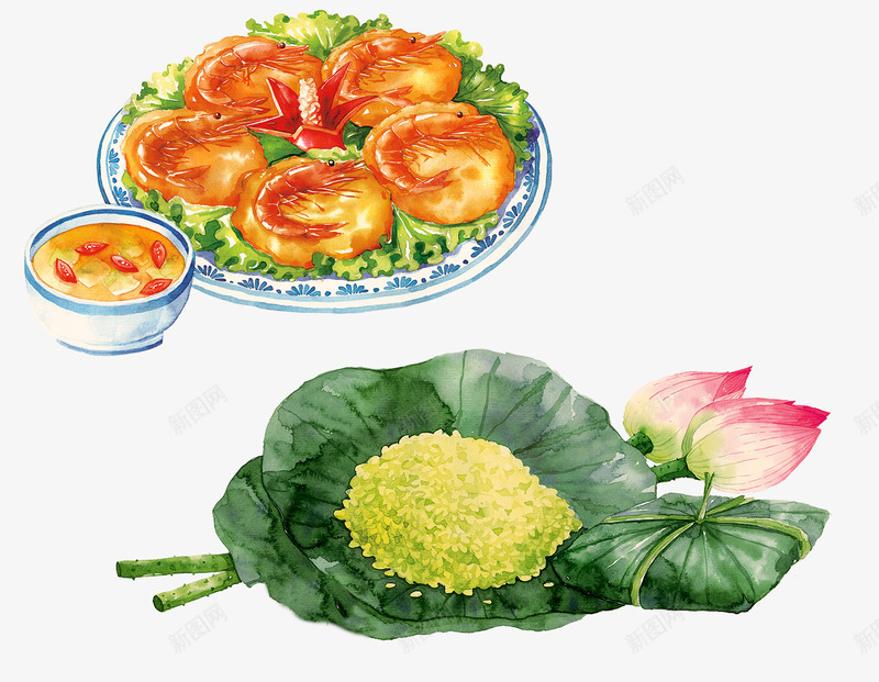 荷叶糯米饭和油炸虾美食png免抠素材_88icon https://88icon.com 可口 手绘 插画 汤 糯米 美食 荷叶 荷花 虾 食物 饮食