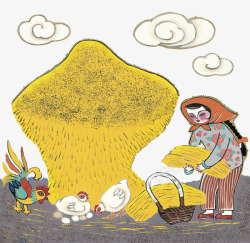 麦子堆传统插画收麦子的农妇高清图片