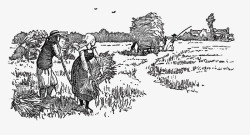 黑白麦子钢笔插图麦子地里收麦子的农民高清图片