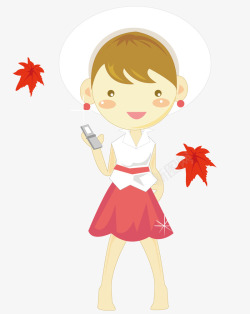 红色的裙子玩手机的卡通女生高清图片