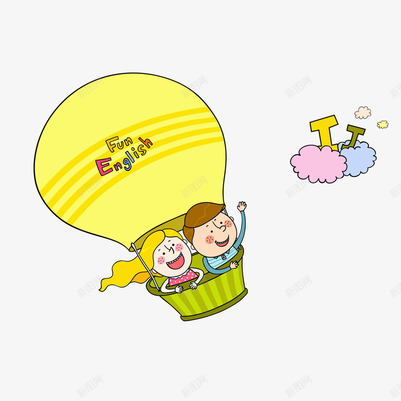 热气球上的孩子png免抠素材_88icon https://88icon.com 云彩 卡通 女孩 字母 挥手的 男孩 高兴地 黄色的