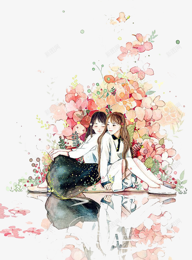 水彩女孩png免抠素材_88icon https://88icon.com 卡通 女孩 手绘 水彩 粉色鲜花 装饰 闺蜜