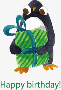 水彩企鹅生日快乐矢量图素材