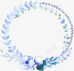 蓝色水彩手绘花环素材