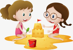 两个小女孩堆沙堡插画儿童节堆城堡的女孩高清图片