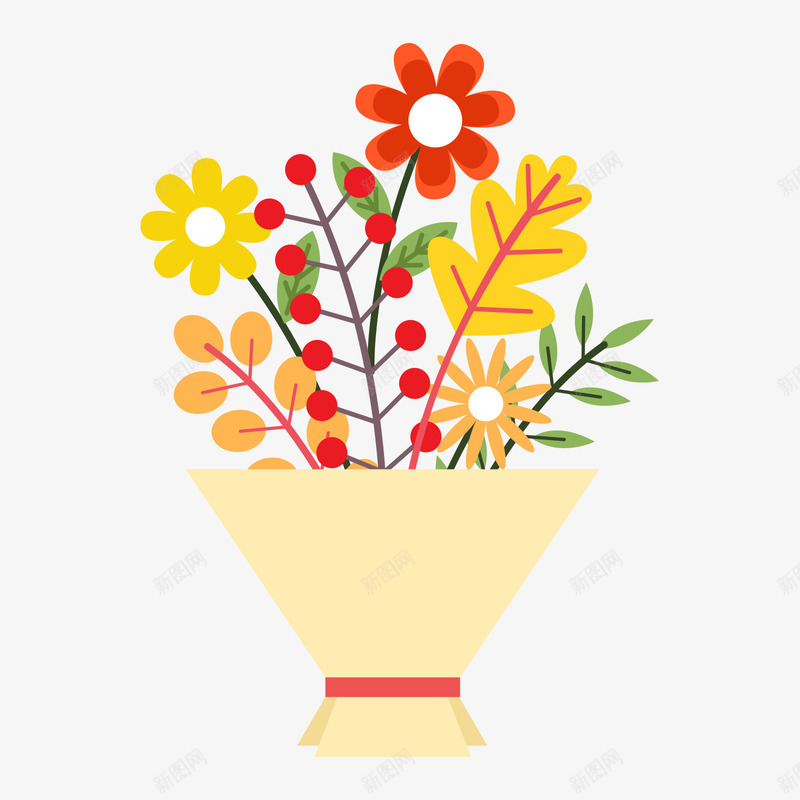 一束鲜花树叶花束矢量图ai免抠素材_88icon https://88icon.com 一束 树叶 秋天花束 红色 花束 鲜花 黄色 矢量图