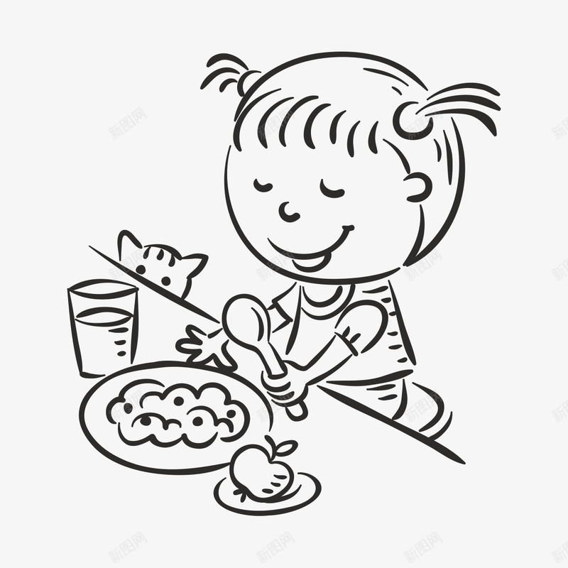 卡通儿童手绘png免抠素材_88icon https://88icon.com 儿童手绘 儿童画 动漫 动画 小女孩吃饭 小猫咪 杯子 水果 粗线条 绘画