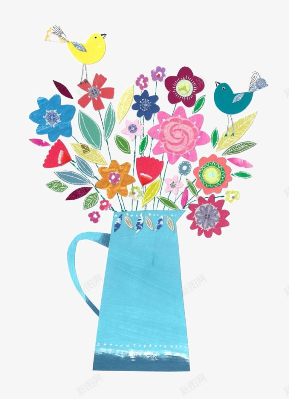 卡通手绘插在花瓶里的鲜花png免抠素材_88icon https://88icon.com 动物 手绘PNG素材 蓝色花瓶 鲜花 黄色小鸟