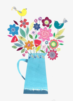 卡通手绘插在花瓶里的鲜花素材