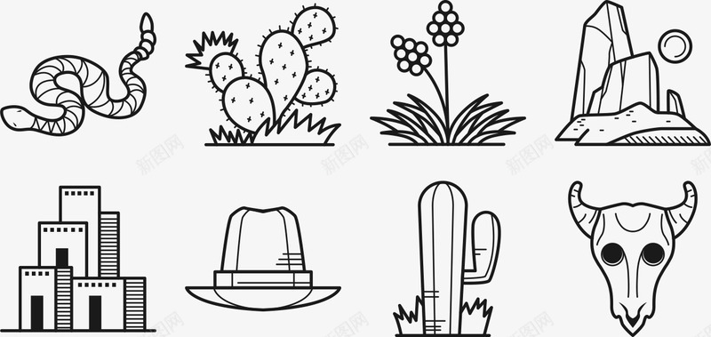 响尾蛇和仙人掌等图矢量图ai免抠素材_88icon https://88icon.com 仙人掌 响尾蛇 黑白 矢量图