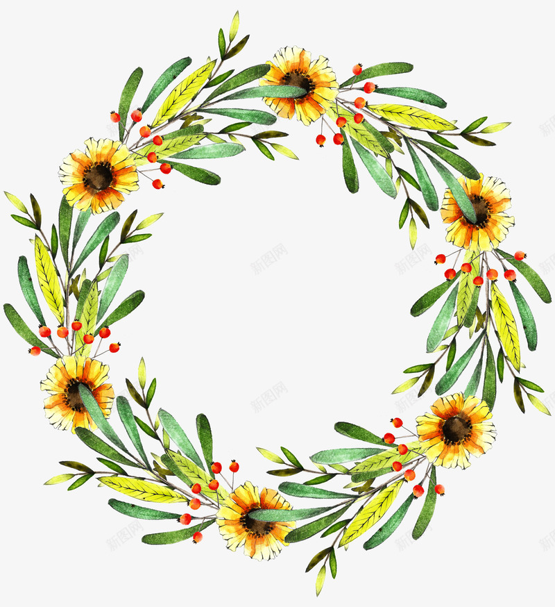 花环png免抠素材_88icon https://88icon.com 明黄 水彩 花朵花环 雏菊