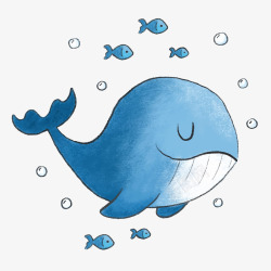 手绘水墨风格的蓝色鲸鱼矢量图素材