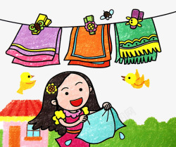 彩绘儿童画晾毛巾的小姑娘素材