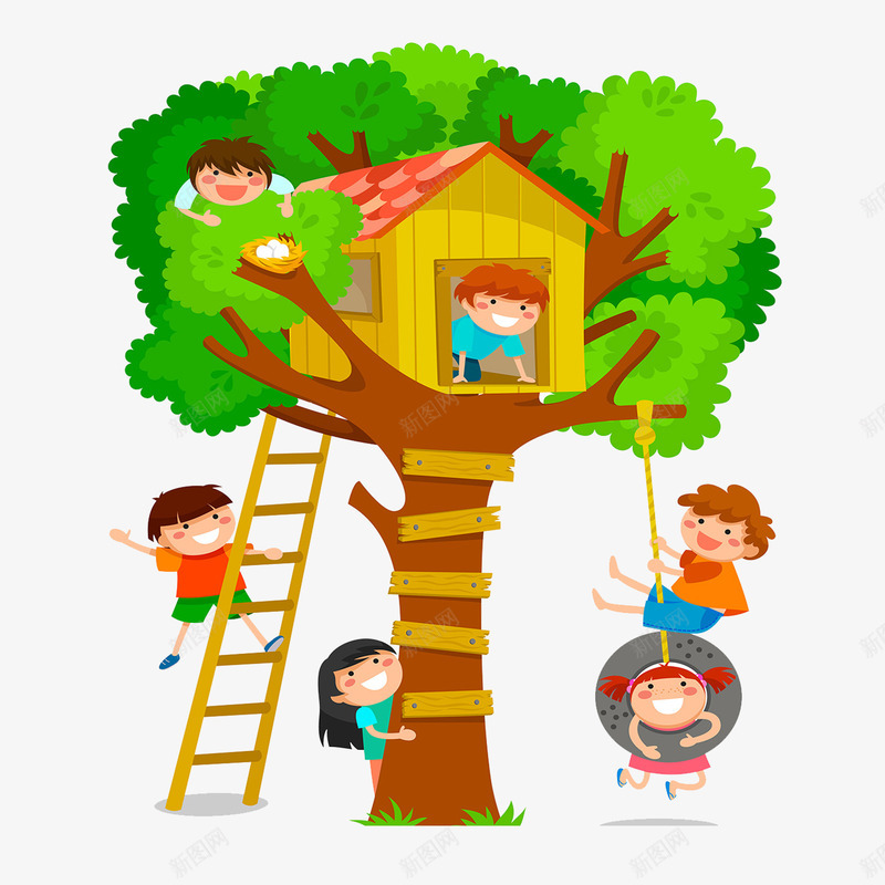 玩耍的可爱孩子png免抠素材_88icon https://88icon.com 卡通 卡通儿童 卡通树屋 卡通绘画 大树 树屋