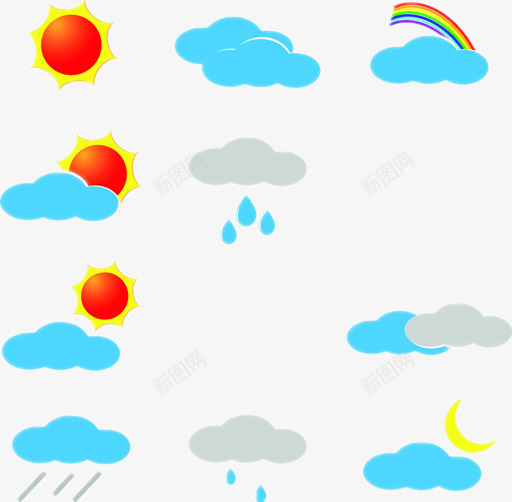 晴雨表彩绘图png免抠素材_88icon https://88icon.com 云朵 月亮 红太阳 雨滴