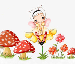 小女孩蘑菇鲜花草地可爱素材