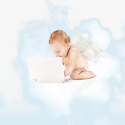 宝宝天使玩电脑素材