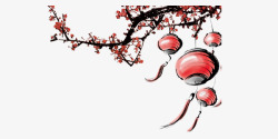 手绘水墨中国风梅花和灯笼装饰素材