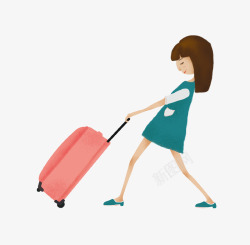 拖行李箱手绘拖行李箱的少女插画高清图片