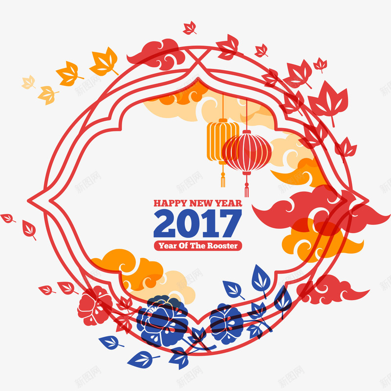 2017年新年海报装饰元素矢量图eps免抠素材_88icon https://88icon.com 2017 新年 海报 灯笼 花朵 装饰 矢量图