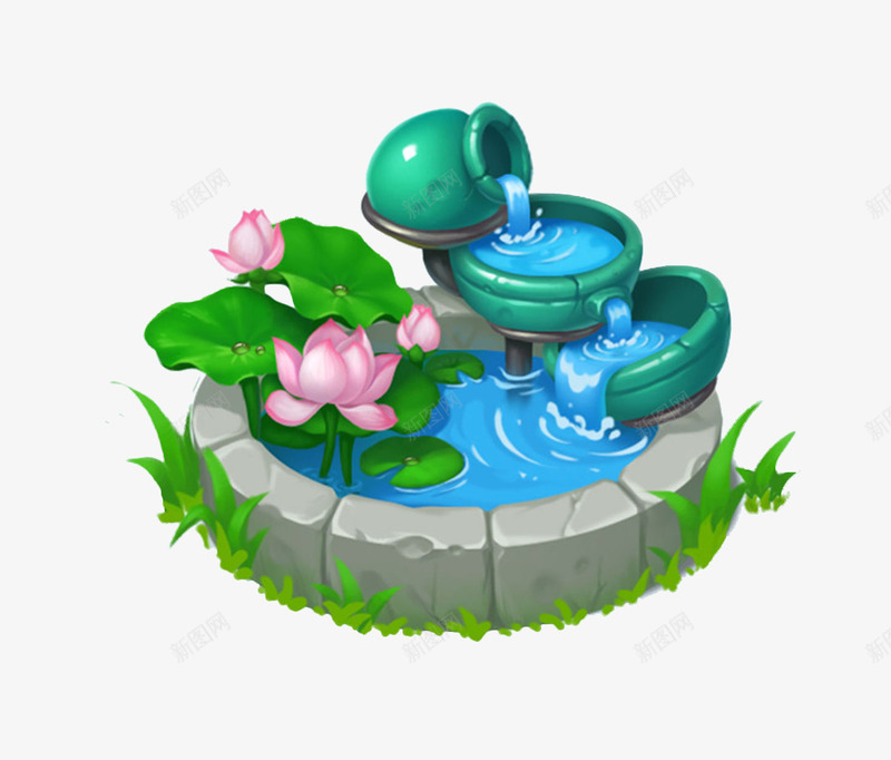 手绘png免抠素材_88icon https://88icon.com 井 手绘荷花 流水 草