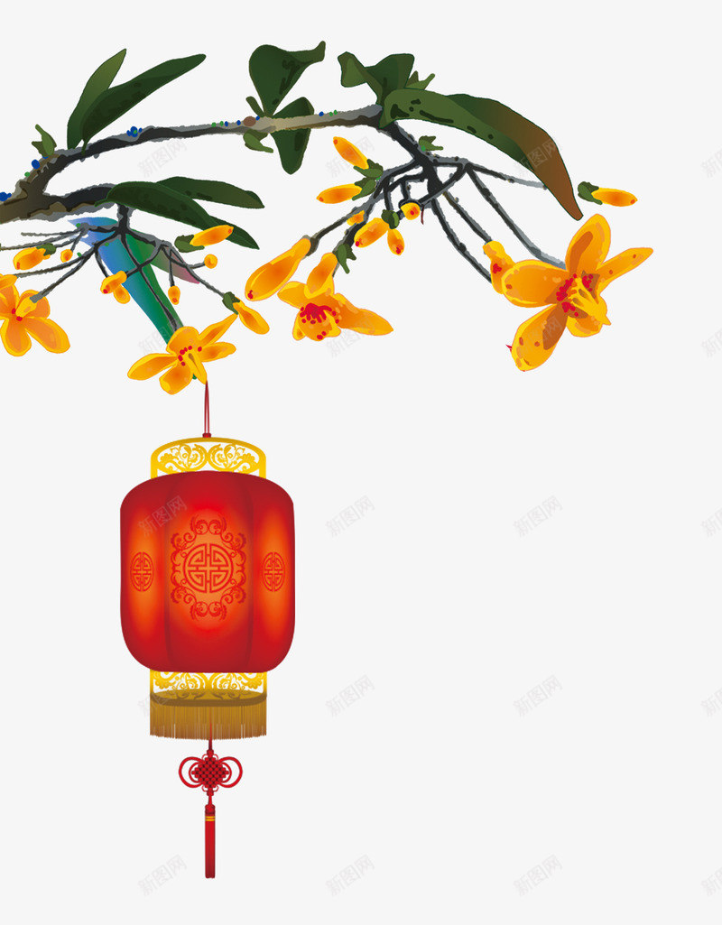 花朵树枝悬挂的灯笼psd免抠素材_88icon https://88icon.com 悬挂的灯笼 新年装饰 树枝 花朵 黄色的花朵