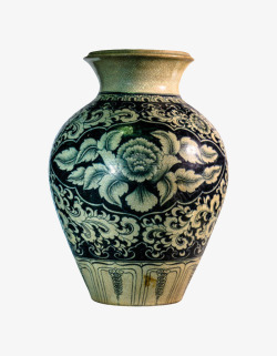 黑白绘制花朵的花瓶古代器物实物素材
