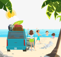 端午旅游插图卡通一家四口自驾游海边风景插图高清图片