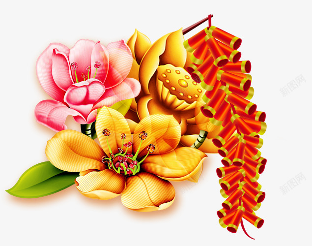 春节装饰花png免抠素材_88icon https://88icon.com 新年 春节 荷花 鞭炮