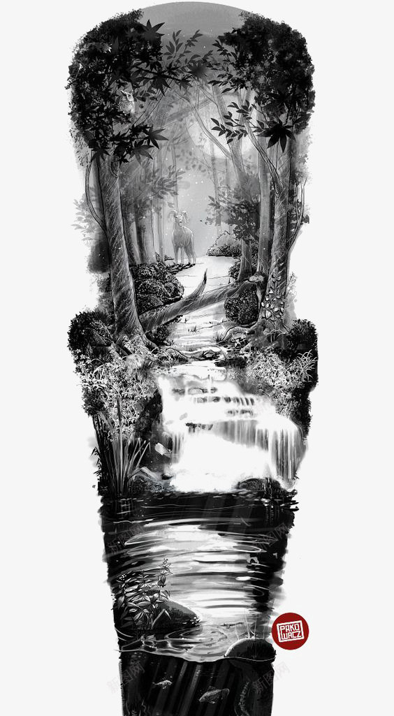 黑白森林png免抠素材_88icon https://88icon.com 创意森林 动物 树林插画 河流 黑色树林