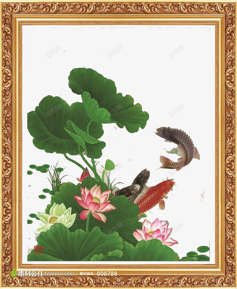 工笔荷花艺术绘画png免抠素材_88icon https://88icon.com 工笔绘画荷花 艺术绘画图片 荷花 金色边框 鱼