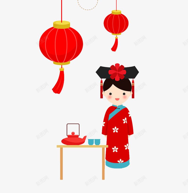 新年灯笼年画png免抠素材_88icon https://88icon.com 人物 卡通人物 古代人物 新年 春节 杯子 灯笼 茶壶