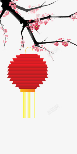 梅花挂着红灯笼素材