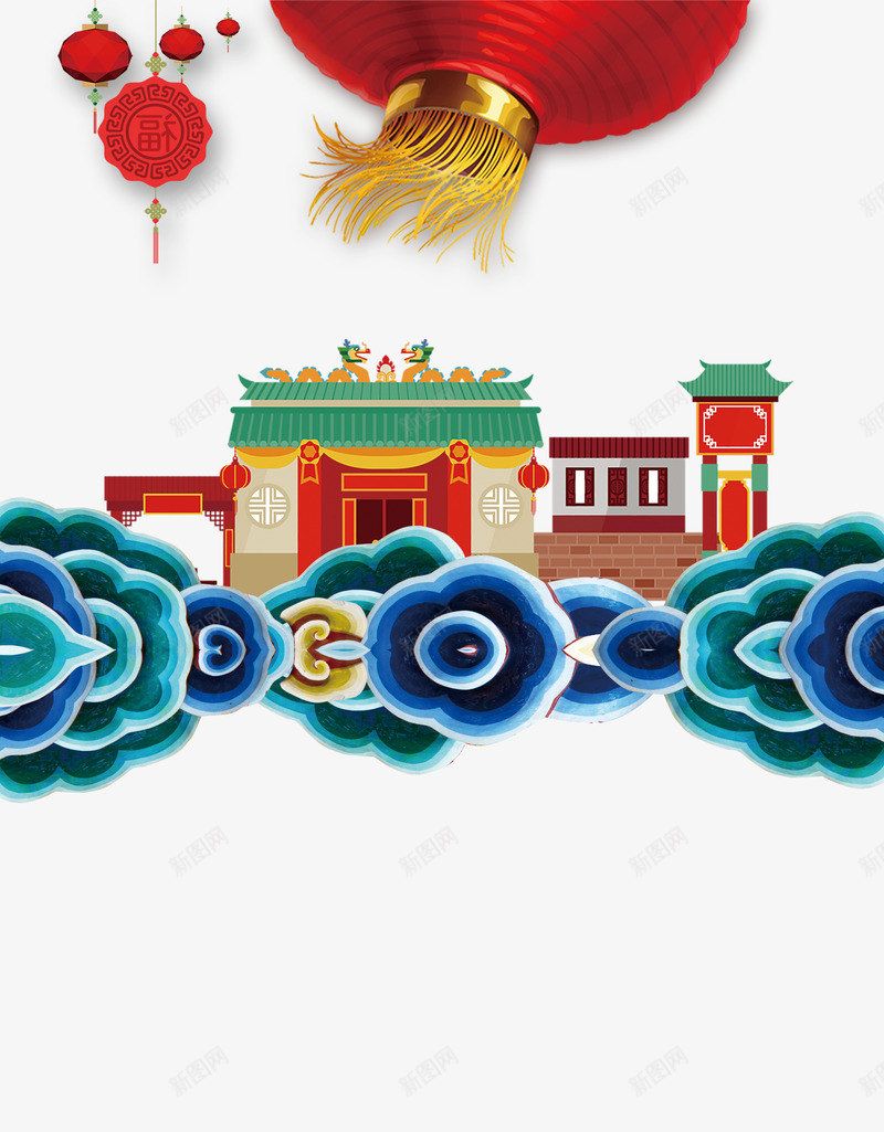 新年家园图psd免抠素材_88icon https://88icon.com 300像素图 PSD免抠 大图免抠 家 房子 灯笼 祥云 高清免抠