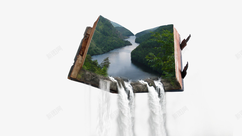 书本创意合成瀑布图png免抠素材_88icon https://88icon.com 书本 森林 河流 漂浮 漂浮在天空中的书本 瀑布