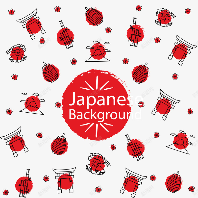 手绘日本元素与红色圆圈背景png免抠素材_88icon https://88icon.com 手绘 日本元素 红色圆圈