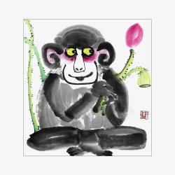 中国风水墨画猴子拿荷花素材