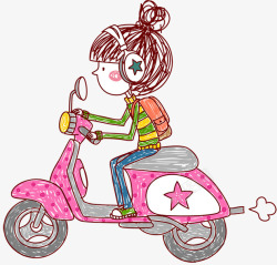 粉色电动车卡通女孩戴着耳机骑电瓶车高清图片