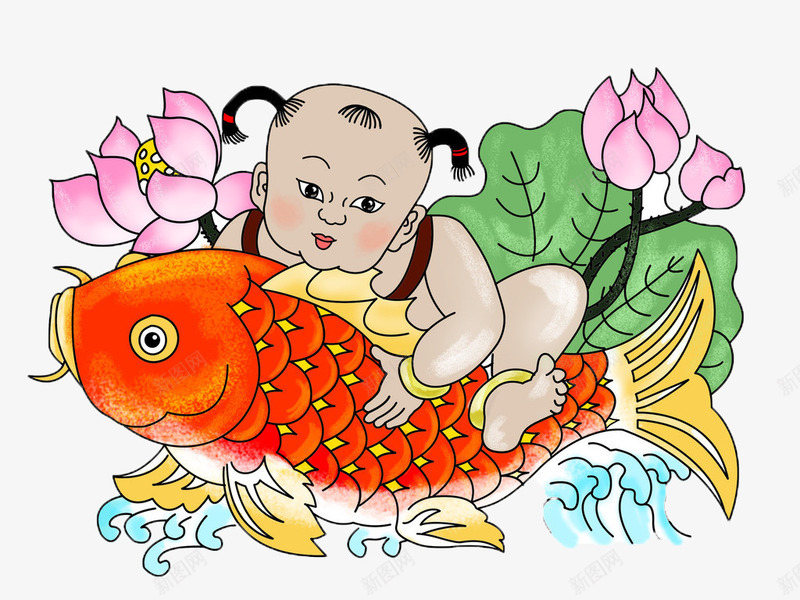 荷花鲤鱼年画娃娃psd免抠素材_88icon https://88icon.com 年画 年画娃娃 荷花 鲤鱼