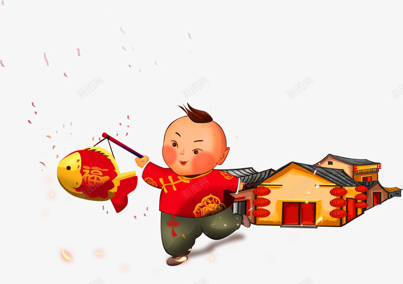 中国风喜庆新年小孩装饰png免抠素材_88icon https://88icon.com 中国风 中国风童子 喜庆 小鱼灯笼 房屋 新年