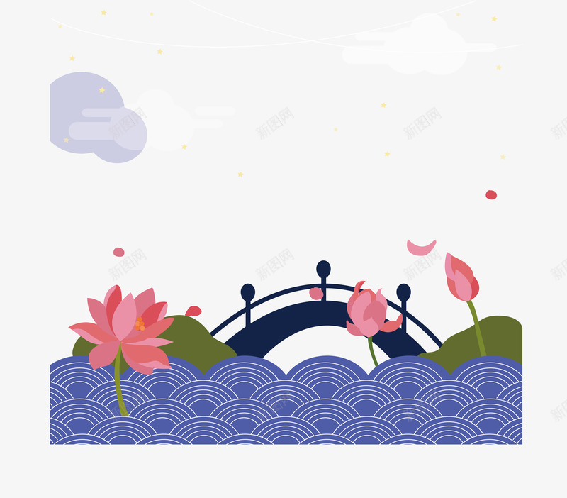 中秋荷花塘拱桥png免抠素材_88icon https://88icon.com 中秋节 拱桥 矢量png 粉色荷花 荷花 荷花塘