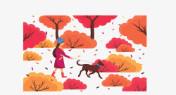 秋季落叶遛狗的人矢量图素材