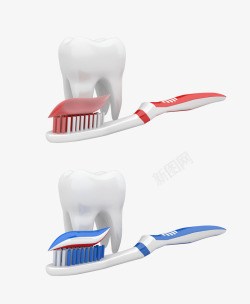 3D牙齿模型与红蓝牙刷素材