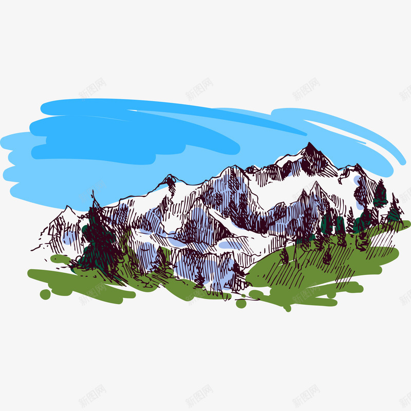 天空和雪山png免抠素材_88icon https://88icon.com 大山 天空 手绘 简图 绿色的 草地 蓝色的 雪山