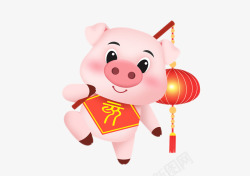 新年福猪拿着灯笼卡通图素材